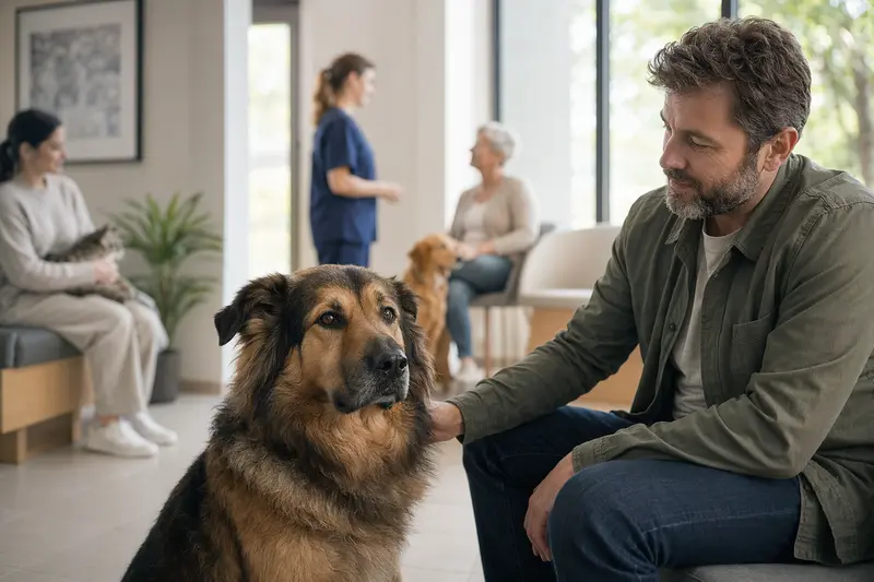 Ein Do Khyi Hund sitzt ruhig neben seinem Besitzer im hellen Wartezimmer einer modernen Tierarztpraxis.